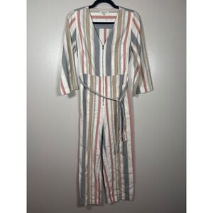 Madewell Striped Cotton Zip Front Jumpsuit Multi Color V-Neck Belted Womens 00